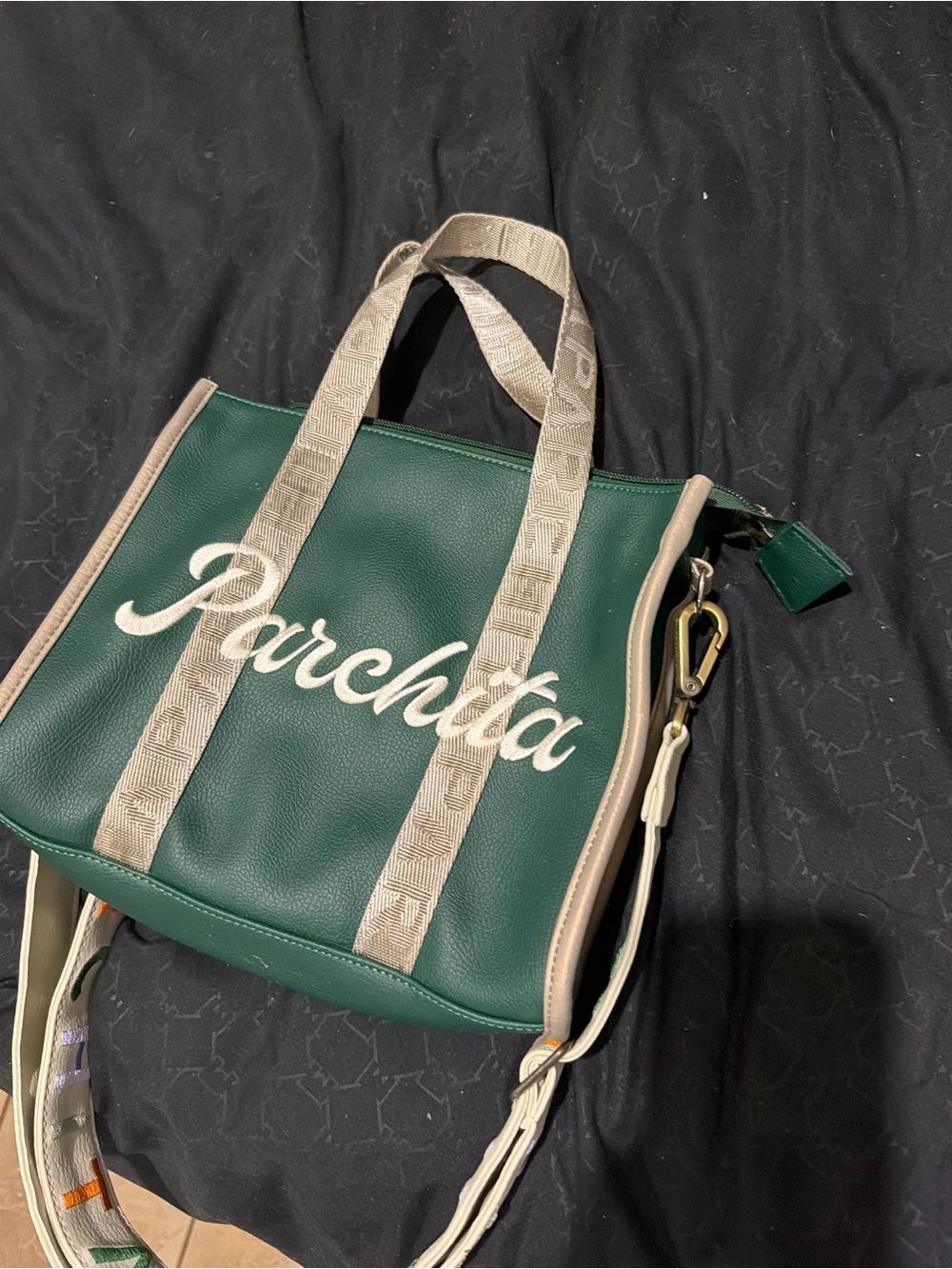 Green Script Logo Crossbody Tote with Beige Trim